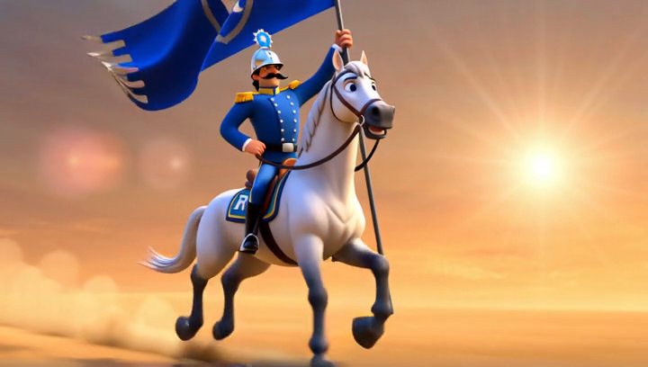 A valiant knight charges forward on a white horse, banner streaming behind against a golden sunset sky