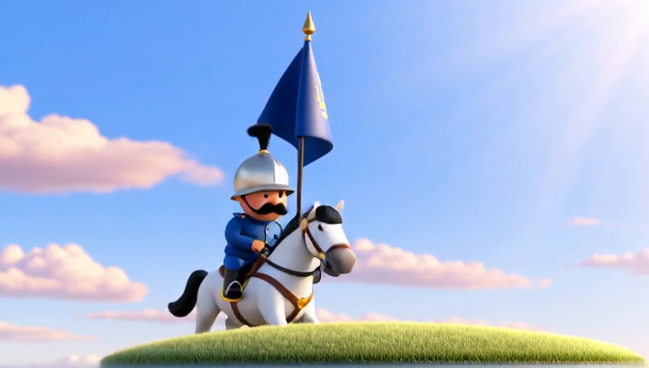 A cheerful knight on a small horse atop a green hilltop under a bright blue sky