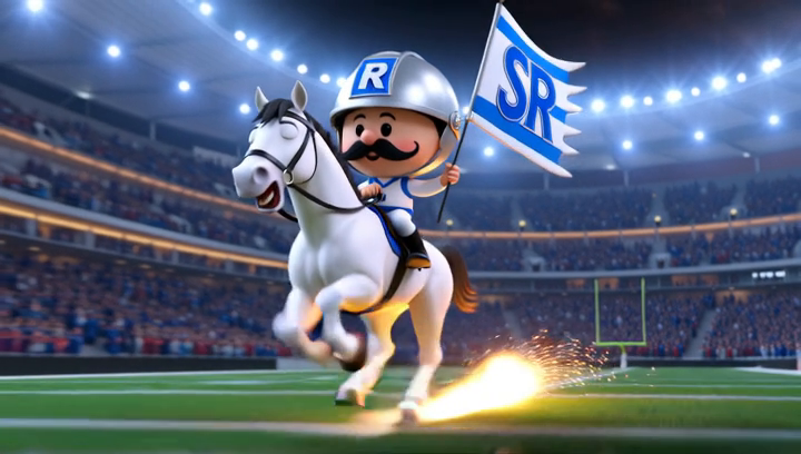 A knight on horseback charges across a stadium field, flag waving, sparks flying