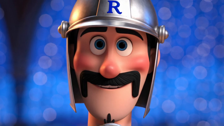 Close-up portrait of an animated knight mascot with helmet and mustache