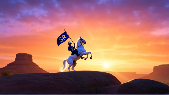 A knight on horseback silhouetted against a dramatic desert sunset with mesas
