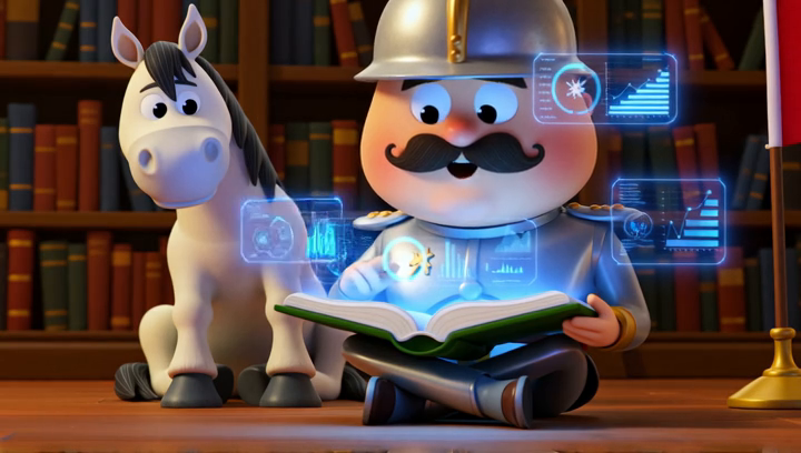 A knight and horse studying a glowing holographic book in a cozy library