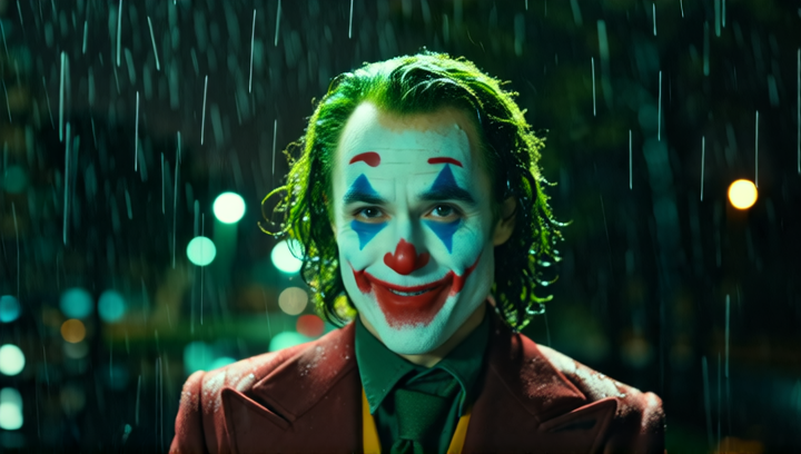 The Joker laughing in the rain at night
