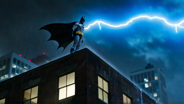 A scene of Batman, perched on top of a building at night in the rain, and a f...