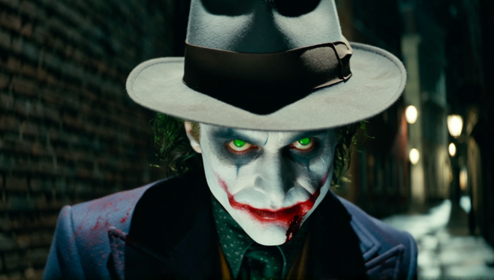 A medium close-up, dimly lit shot of The Joker, in his classic 1940s-style fe...