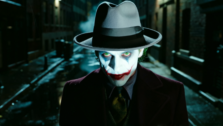 A medium close-up, dimly lit shot of The Joker, in his classic 1940s-style fe...