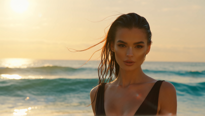 Cinematic close-up of a beautiful woman in a sleek black swimsuit, standing a...