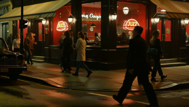 The camera pans over a dimly lit city street, the sound of jazz music driftin...