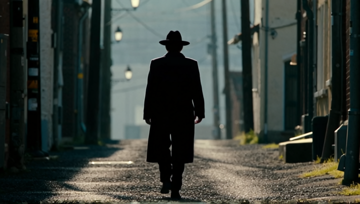 A lone figure, dressed in a long coat and fedora, walks down a deserted alley...