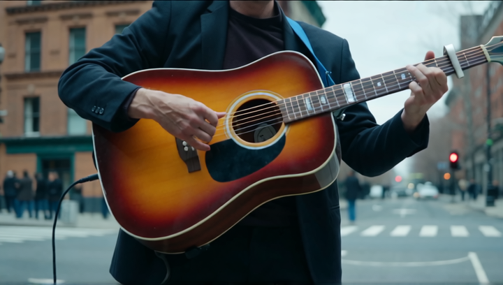 The camera zooms in on a man's hands as he strums a mournful melody on his gu...