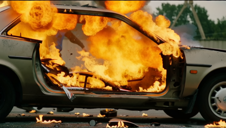 A slow-motion shot of a car explosion, with flames engulfing the wreckage as ...
