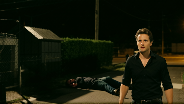 A slow-motion shot of a man walking away from a crime scene, his eyes fixed o...