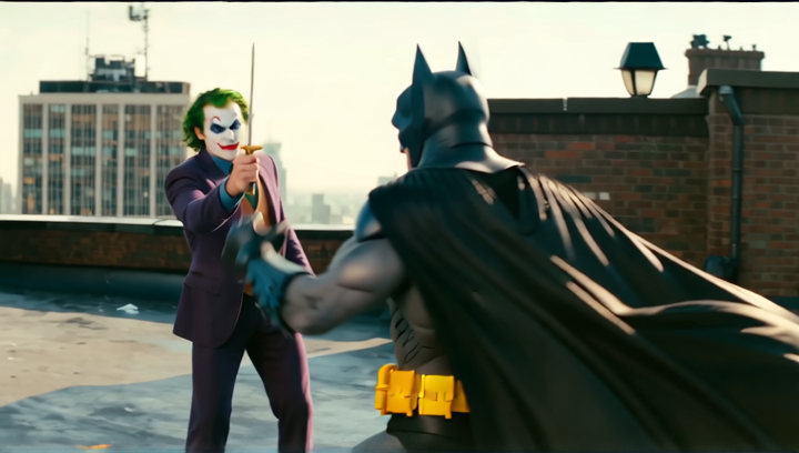 Batman fighting the Joker on a rooftop