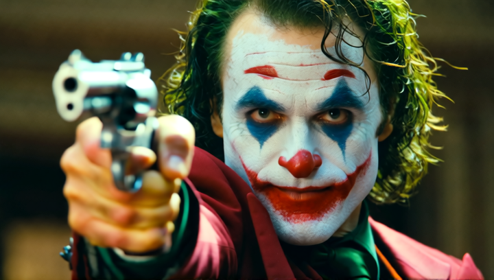 The Joker points a loaded revolver at the camera,