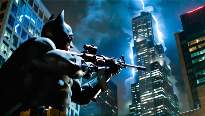 Batman shoots his grappling gun up towards another tall city building at nigh...