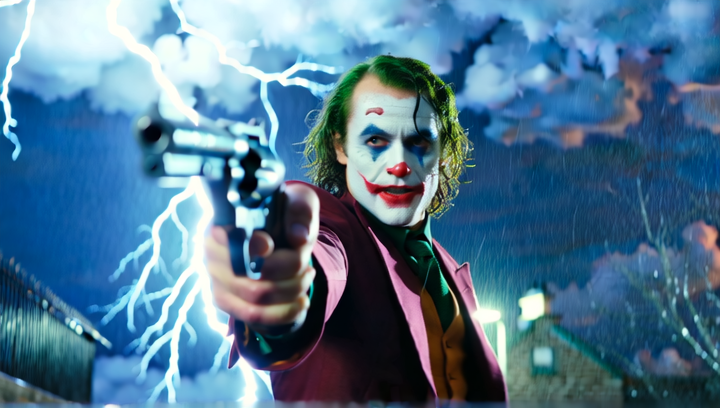 The Joker points a loaded revolver at the camera at night in the rain falls o...