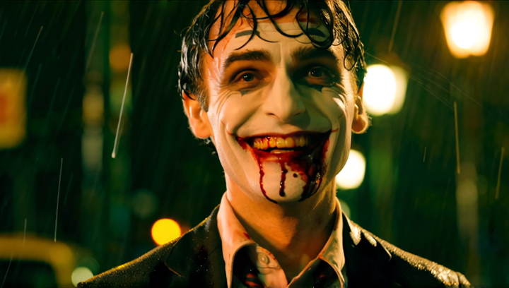 A skinny joker smiles with a wide grin as blood runs down the corners of his ...