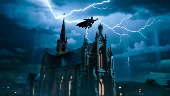 A tracking shot of Batman leaping from a tall gothic style church at night in...