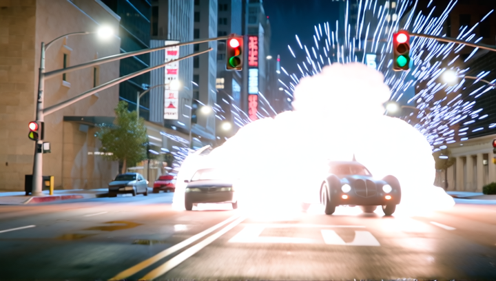 A front view of the Batmobile as it crashes through two cars on the city stre...