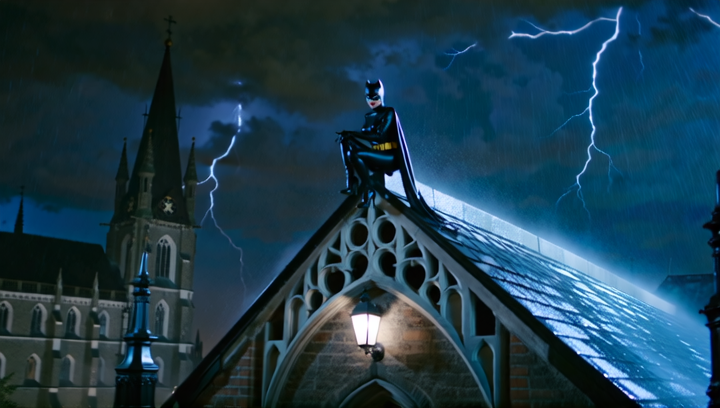 At night in a dark city, Catwoman in shiny leather costume is perched on a ga...