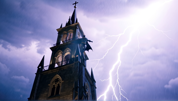 A slow-motion tracking shot follows Batman as he leaps from the bell tower of...