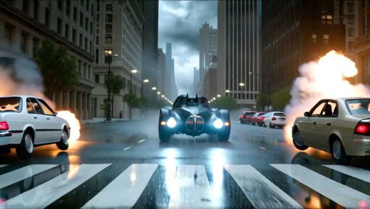 Low-angle front view of the Batmobile tearing through a rain-soaked city inte...