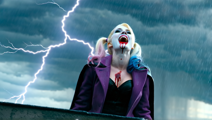 Harley Quinn - MANIACAL LAUGH - Medium close-up, low angle looking up