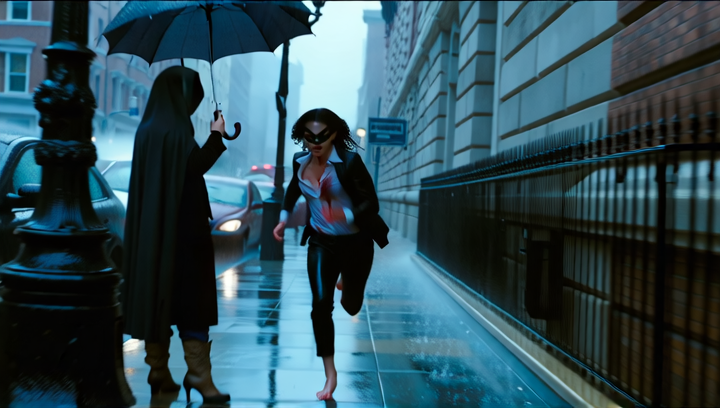 Selina Kyle - RUNNING IN THE RAIN - Fast tracking shot, camera running alongside