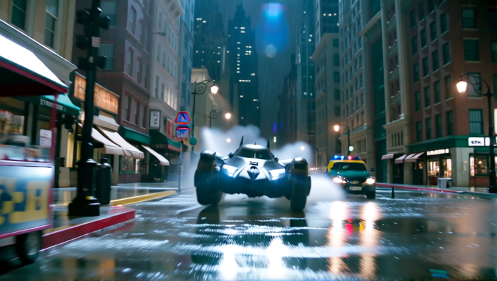 BATMOBILE - DESTRUCTION - Front-facing tracking shot, ground level