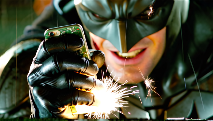 Extreme close-up of Batman's gauntleted hand slowly crushing a burner phone