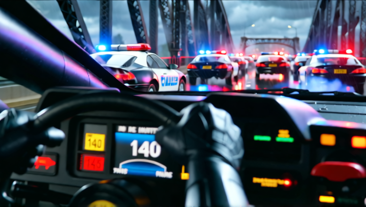 Point-of-view shot from inside the Batmobile cockpit