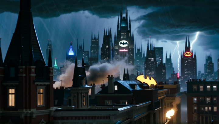 Wide establishing shot of Gotham City at night during a thunderstorm