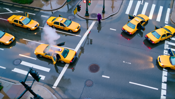 Overhead drone shot looking straight down at a rain-flooded Gotham intersection