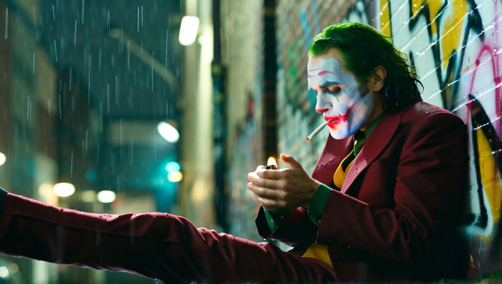 Rear three-quarter shot of the Joker leaning against a graffiti-covered alley...