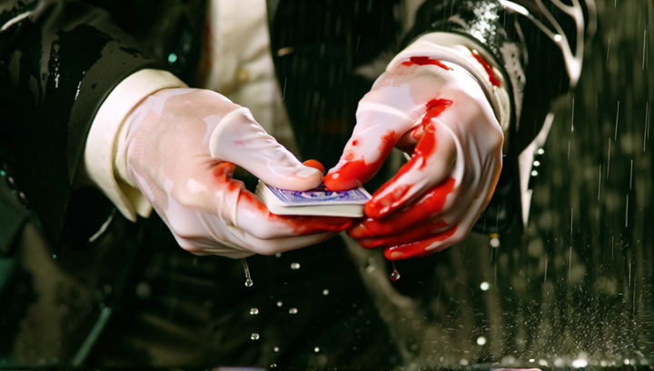 Close-up of the Joker's hands — white-gloved, blood-spattered — slowly shuffl...