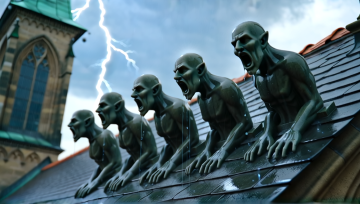 Slow push-in on a row of gothic gargoyles perched along a cathedral roofline