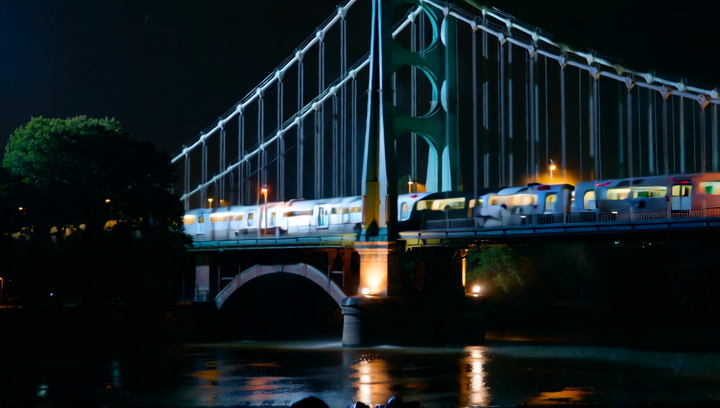 Wide locked-off shot of the Gotham City bridge at night