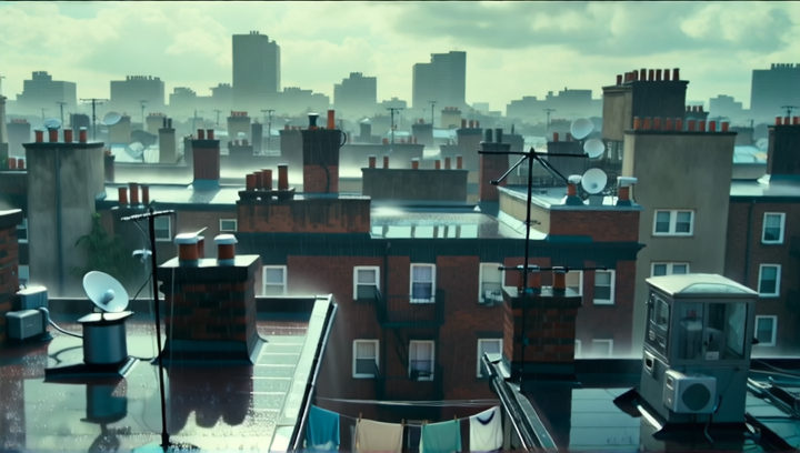 Slow aerial flyover of Gotham rooftops