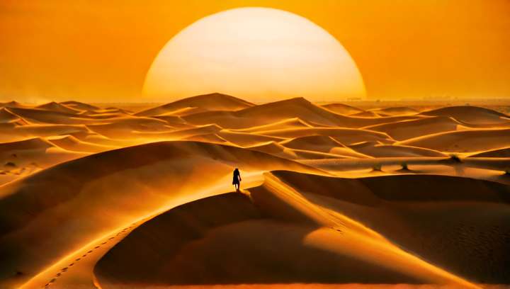 Extreme wide shot of a vast orange desert landscape stretching to the horizon...