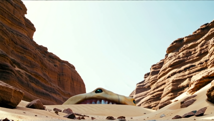 Cinematic low-angle shot from within a sand dune valley