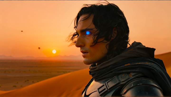 Close-up profile shot of Paul Atreides standing on a desert ridge at sunset, ...