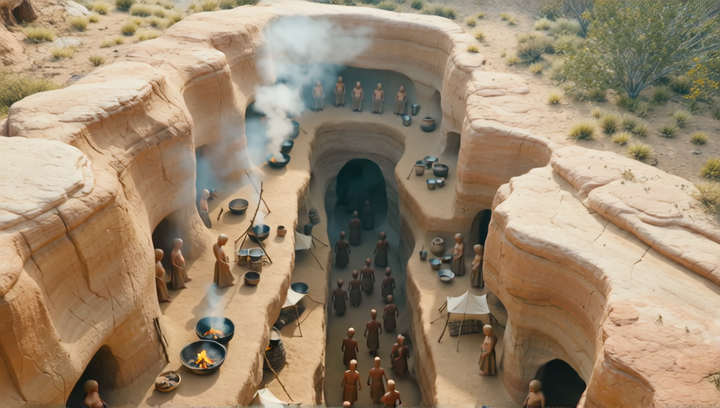 Overhead drone shot looking straight down at a Fremen sietch entrance hidden ...