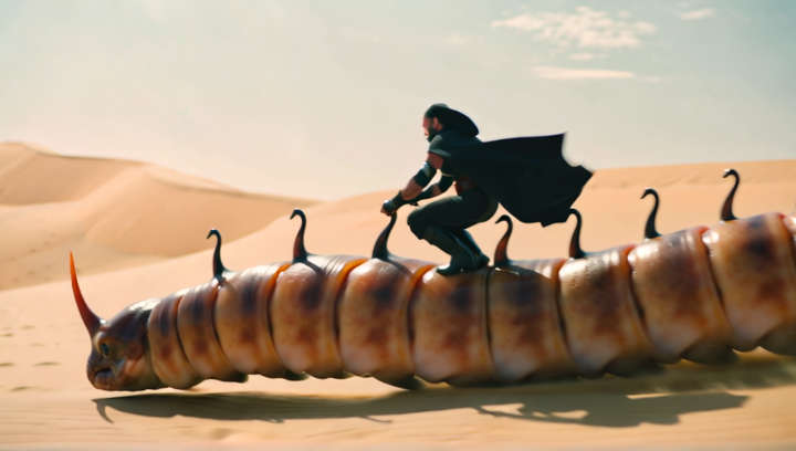 Slow-motion tracking shot of a sandworm ride