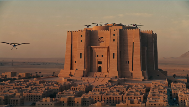 Wide establishing shot of the Arrakeen palace at dawn