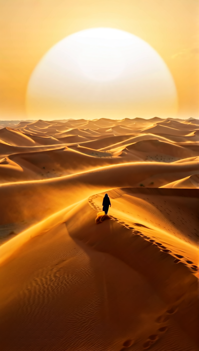 Extreme wide shot of a vast orange desert landscape stretching to the horizon...