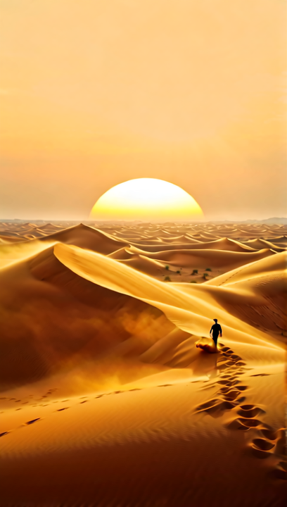 Extreme wide shot of a vast orange desert landscape stretching to the horizon...