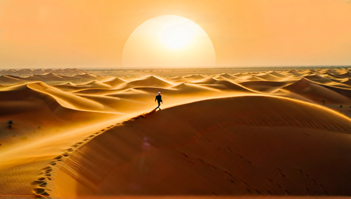 Extreme wide shot of a vast orange desert landscape stretching to the horizon...