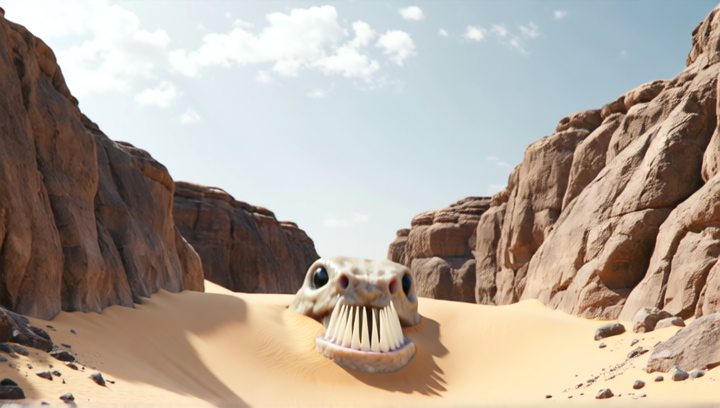 Cinematic low-angle shot from within a sand dune valley