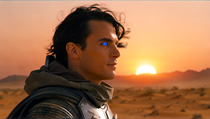 Close-up profile shot of Paul Atreides standing on a desert ridge at sunset, ...