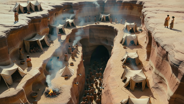 Overhead drone shot looking straight down at a Fremen sietch entrance hidden ...